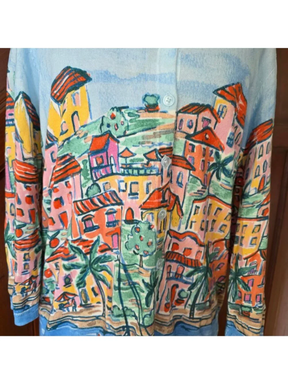 Talbots 1X Button-Front Cardigan Colorful Coastal Village Print Plus Size NWT